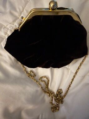 Vintage Black Velvet Clutch with Gold Frame & Chain